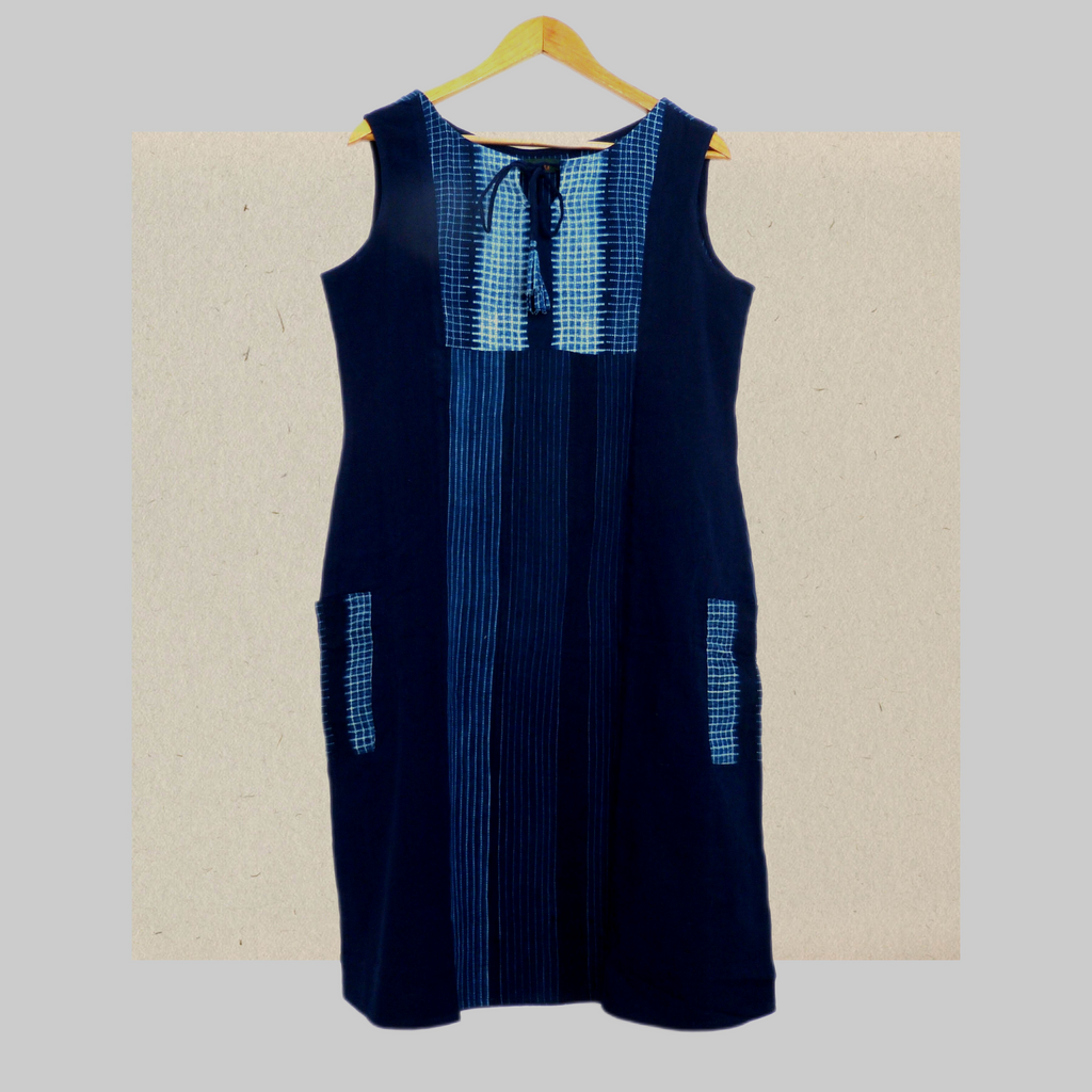 True blue indigo shibori boat neck  dress with ties & 2 pockets - 1