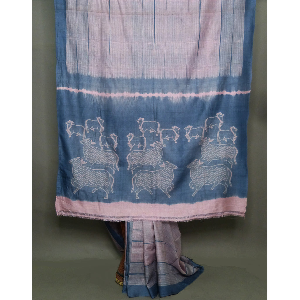 Artistic Pichchwai Cows saree in muted shades of pink and grey - 1