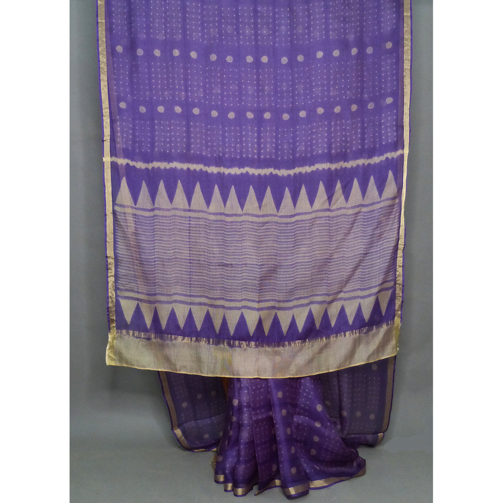 A rich textured beige &  lavender silk kota shibori saree  with circles - inspired body. - 1