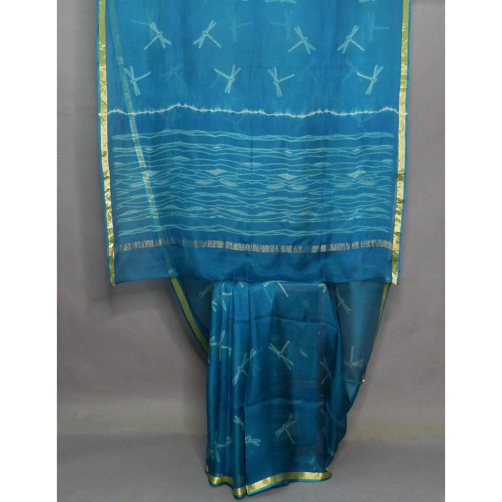 A cool deep blue green shibori silk kota saree with dragon flies design - 1