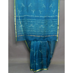 A cool deep blue green shibori silk kota saree with dragon flies design - 1