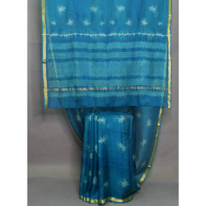 A cool.summery blue green silk kota shibori saree with lotuses and delicate zig zag pallu - 1