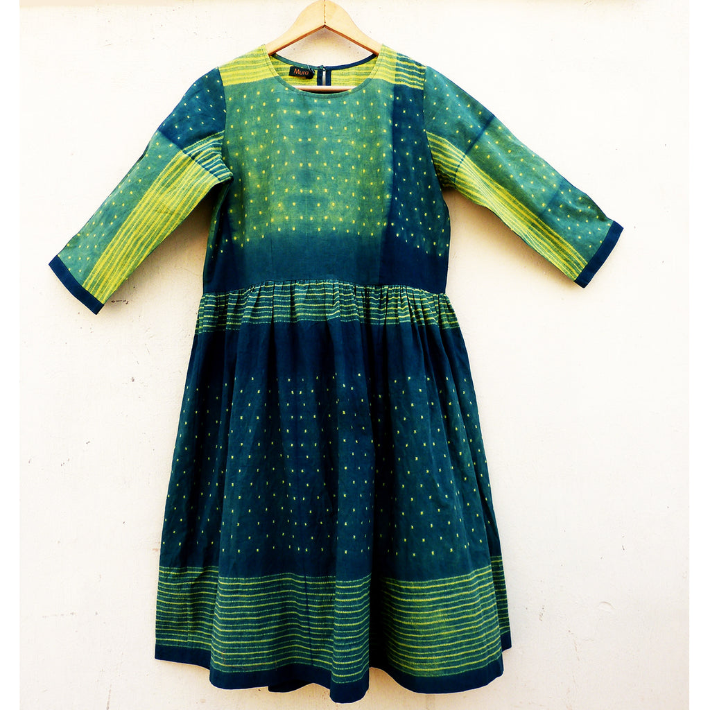 Shades of Green dress speckled with yellow Shibori Dots & Lines - 1