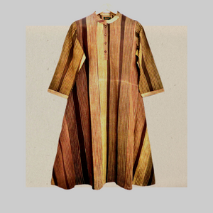 Earthy A line Tunic in a rustic Brown - Beige Lines shibori design - 1