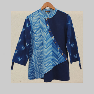 Asymmetric indigo shibori short top with a combination of Zig zags & chevrons adding a unique charm - 1