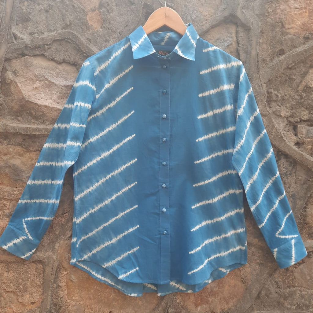 Combine this cool blue shibori ladies shirt with a pair of Flared pants for a fabulous summer vibe - 1