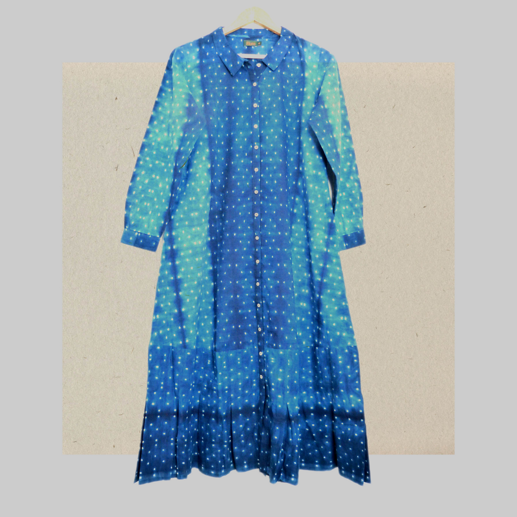 Beautiful Indigo Dots shibori long dress with collars & frill details - 2