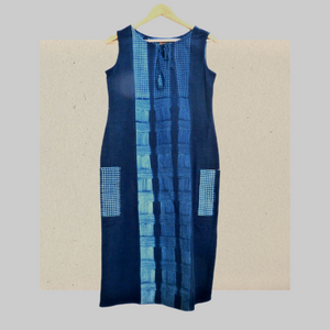 True blue indigo shibori boat neck  dress with ties & 2 pockets - 1