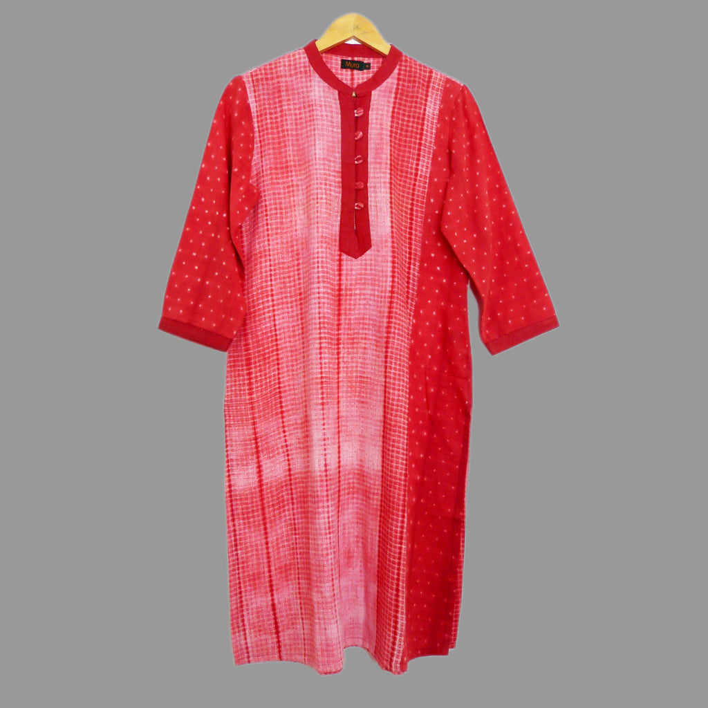 Fresh & bright red shibori kurta with a delightful checks & dots interplay - 1
