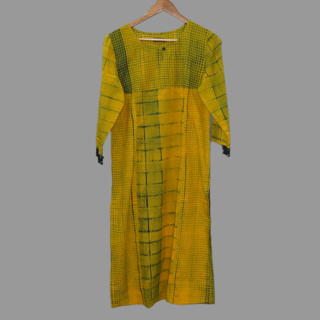 Cool, fuss - free & very comfortable long kurta in yellow- indigo shibori Tic Tac Toe & checks design combination - 1