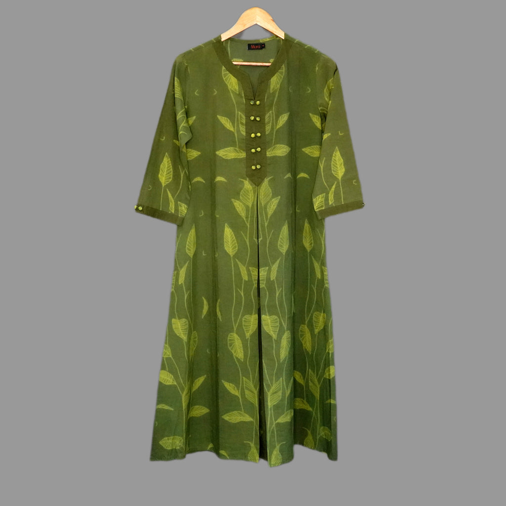 Green shibori kurta with an  organic flowy Creeper design allover - 1