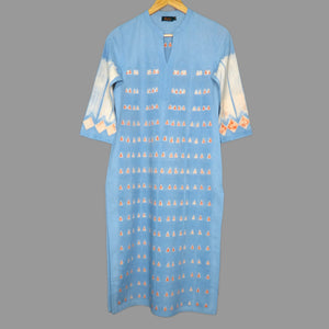 Cool blue - orange summer shibori kurta in a striking  small Triangles design off set by a lines & diamonds sleeve design - 1