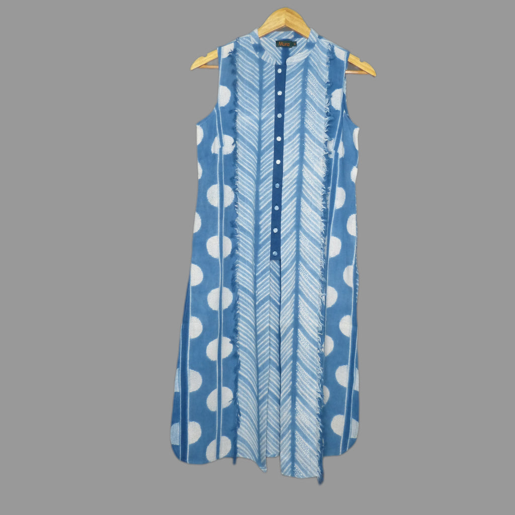 Cool & pretty sleeveless Long tunic dress with circles & zigzag shibori design in a Light indigo colour - 1
