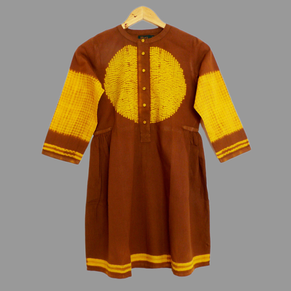 The Mura Zen Circle shibori tunic in beautiful earthy & warm yellow & brown tones. - 1
