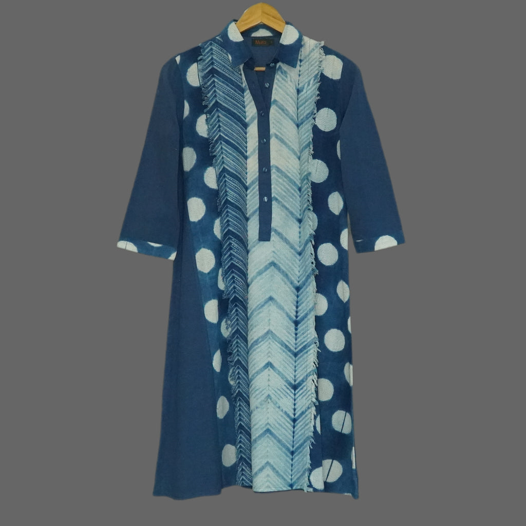 This cheerful indigo summer tunic dress with its Frayed edge details on front panels and a charming circles design has a bohemian & youthful vibe - 1