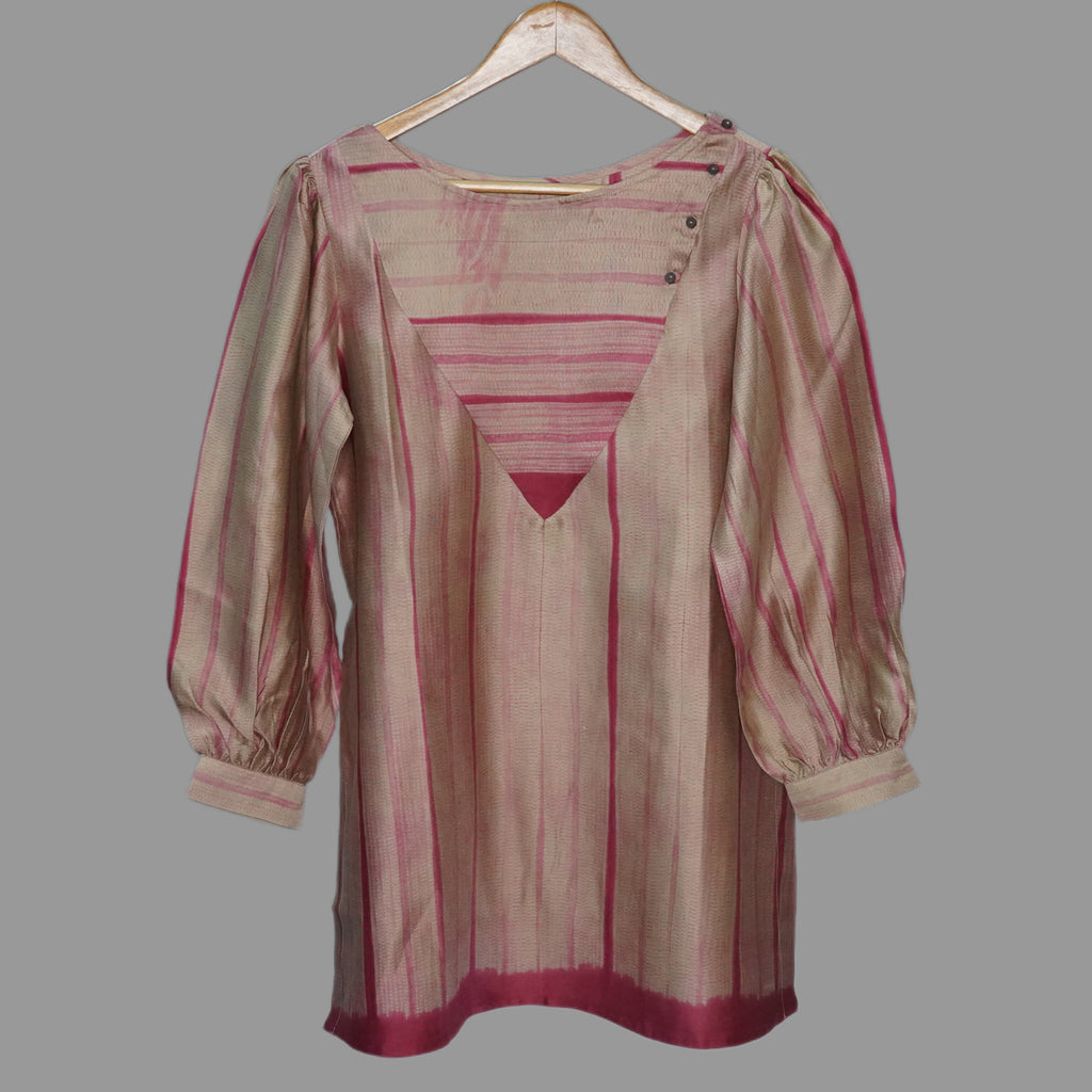 Elegant Beige - soft pink Chanderi shibori top with a V shaped yoke detail - 1