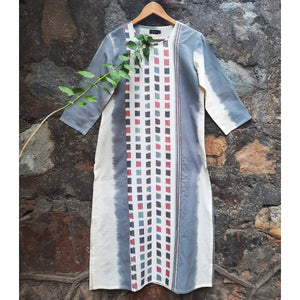 Eccru-Light grey- pink Space dyed shibori + Ikat kurta. - 1