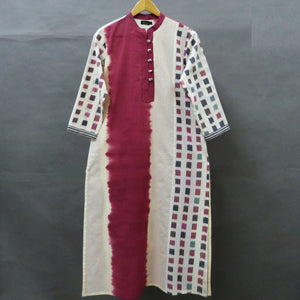 Eccru-Soft pink-grey Space dyed shibori + Ikat kurta - 1