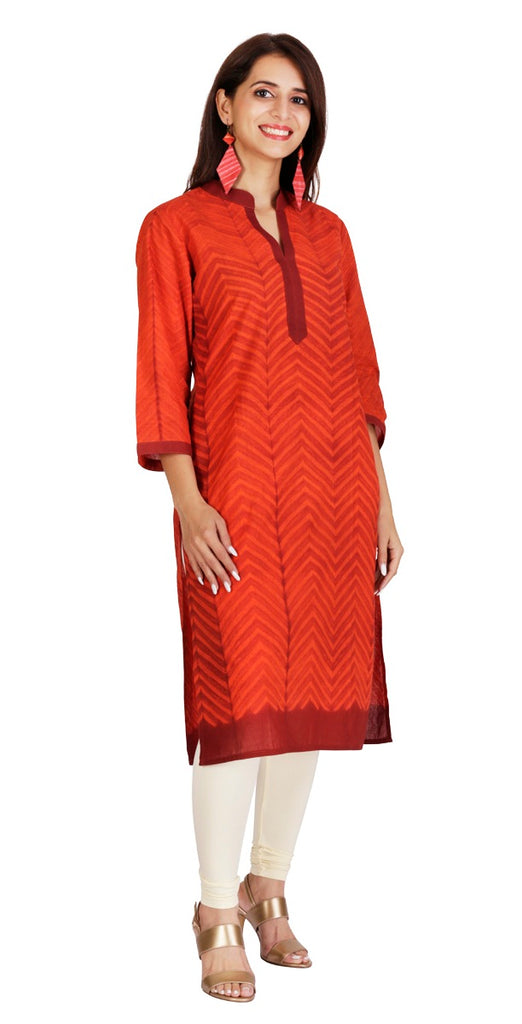 The wear - it - anywhere - anytime kurta in the Mura signature Orange - Maroon Zig zag shibori - 1