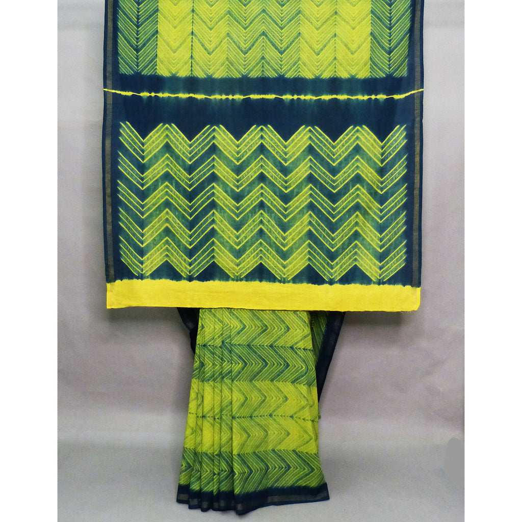 Pleasing yellow - green saree in Zigzag shibori look. - 1