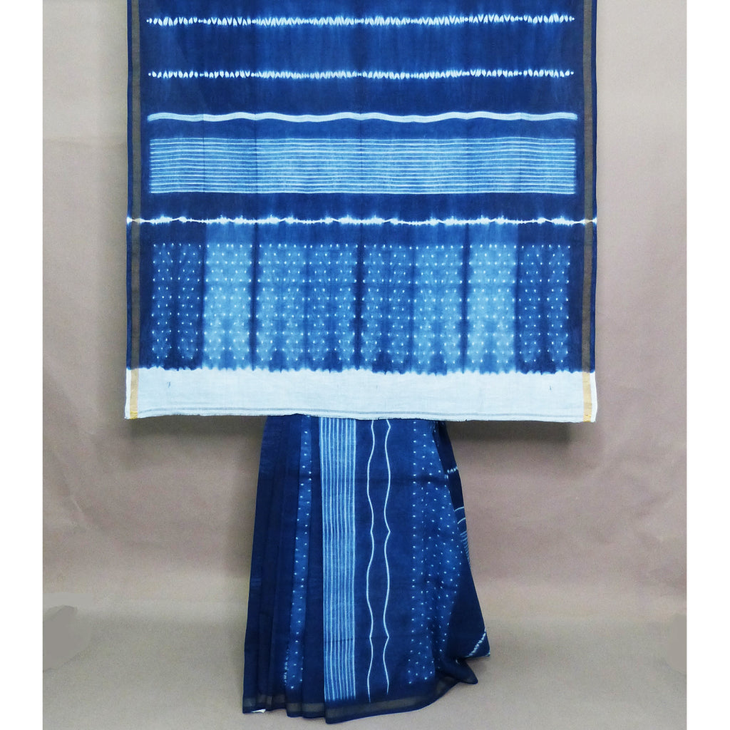 Hand woven cotton shibori saree in Medium indigo shade - 1