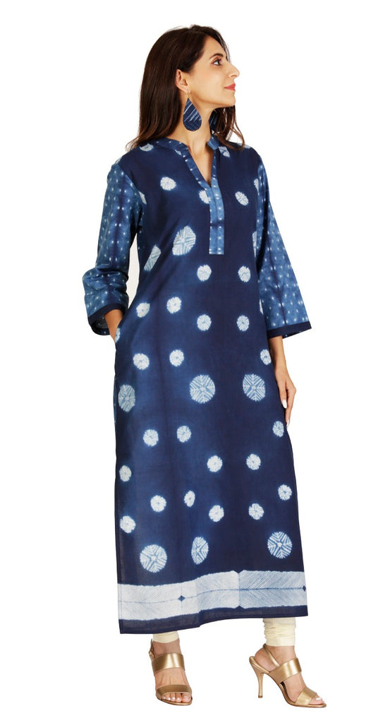 Rudraksh motifs complemented with dots, create a unique story on this indigo shibori kurta - 1