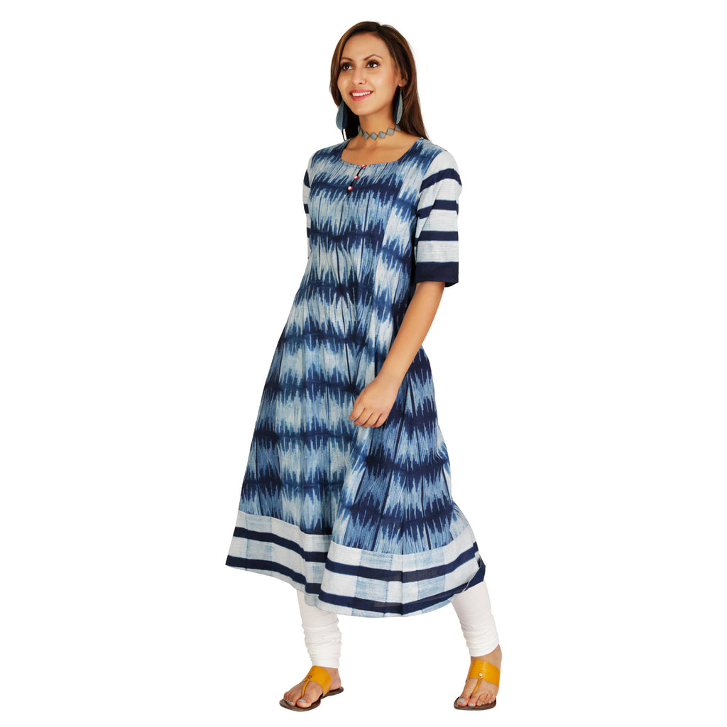 Comfort comes first in this A line shibori dress with an easy  round neckline  elbow length sleeves - 1