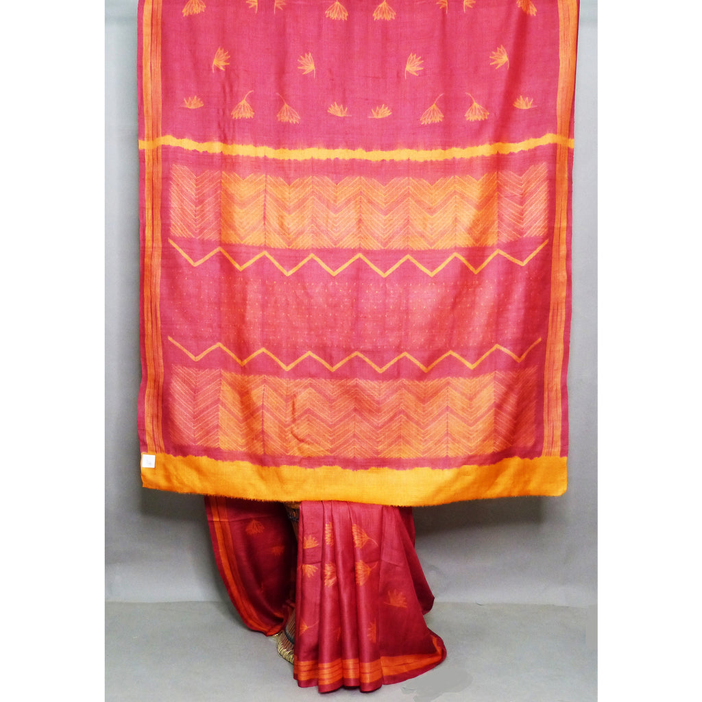 Orange and maroon Lotus shibori saree with a striking traditional vibe - 1