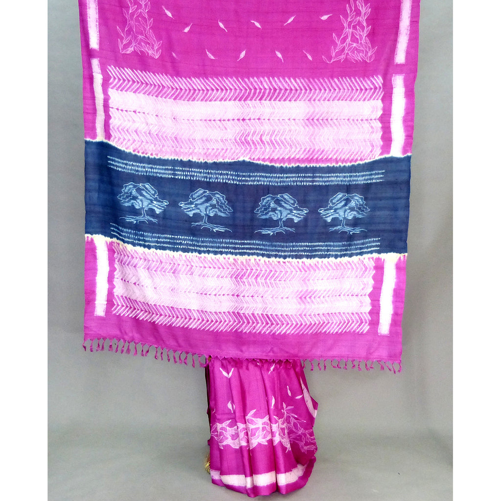 A charming bright pink tassar shibori  saree with a contrast indigo pallu - 1