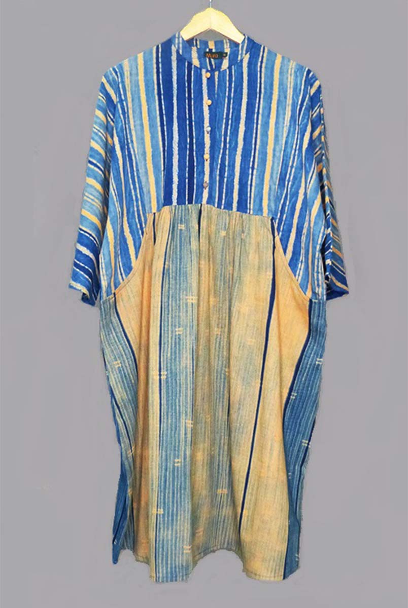 Orange/Indigo Slant Lines & Hashes Cotton Shibori Kimono Dress - 1