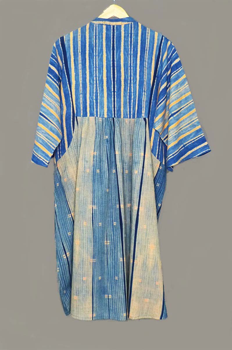Orange/Indigo Slant Lines & Hashes Cotton Shibori Kimono Dress - 2