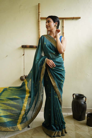 Beautiful Arjun Seeds Boota Shibori Maheshwari Sari in Yellow (Green Combination) - 1