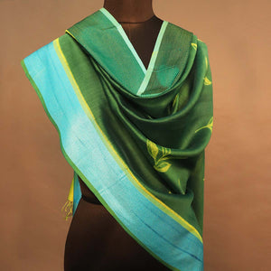 Lime Green/Emerald Green/Turquoise Leaves Shibori Dupatta with Ganga Jamuna Border - 1