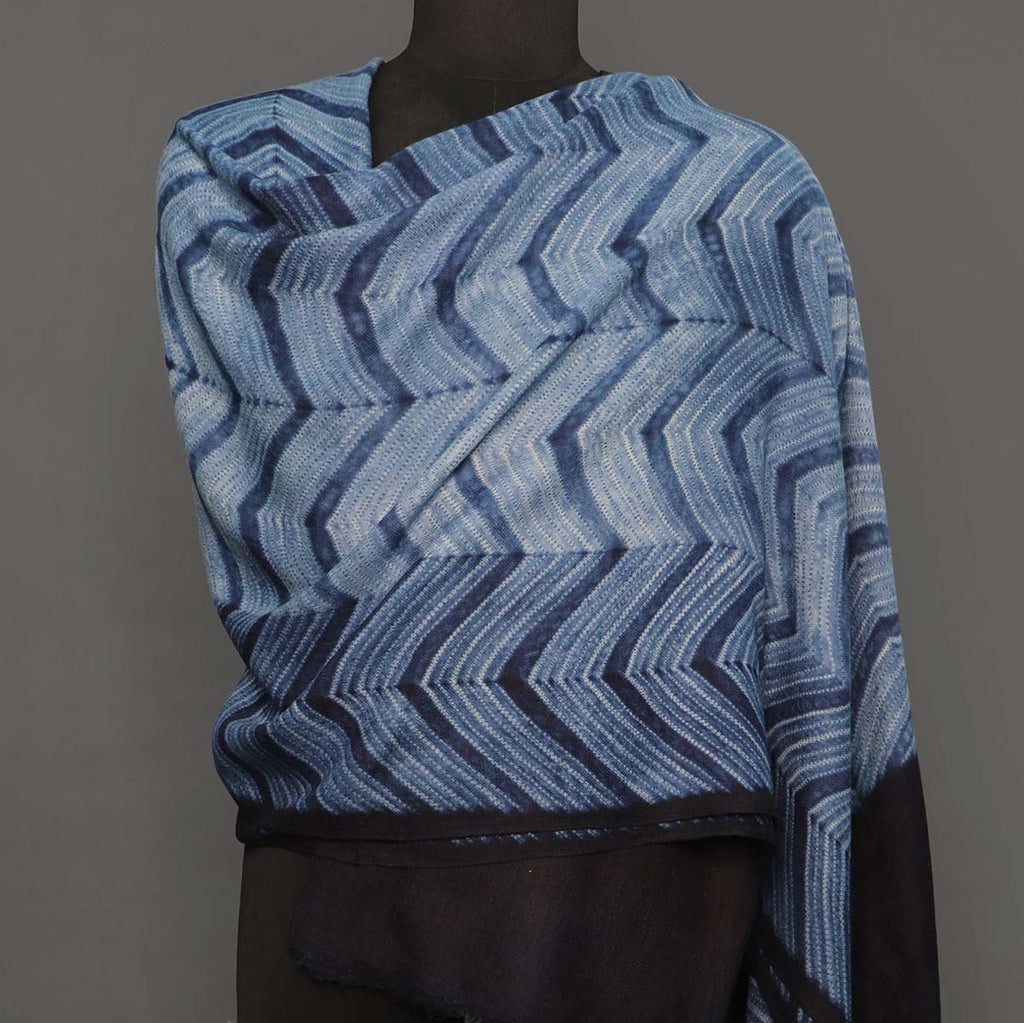 Indigo Zigzag Men's Merino Light Wool Shawl - 1