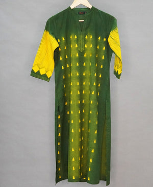 Yellow - Green Small Triangles Shibori Kurta - 1