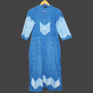 Medium Indigo shibori Kurta with Zigzag border & Dots design - 1