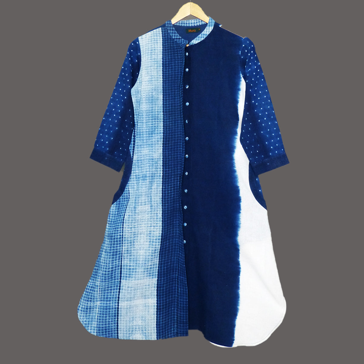 Smart indigo Shirt dress with an interplay of shibori textures and plain dyed & undyed spaces - 1