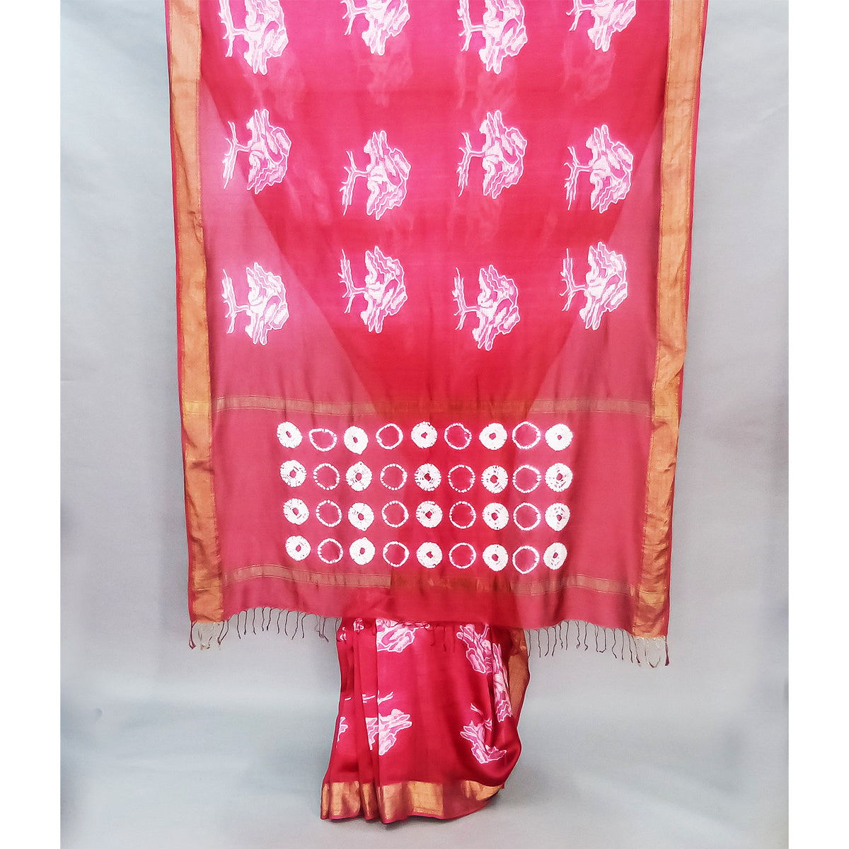 Deep Reddish Pink Maheshwari Saree with Arjuna Tree Motifs Body - 1