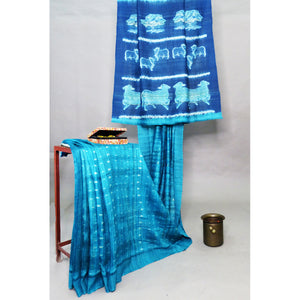 Exquisitely Beautiful Deep Blue Green & Teal Heavy Matka Silk Shibori Saree - 1