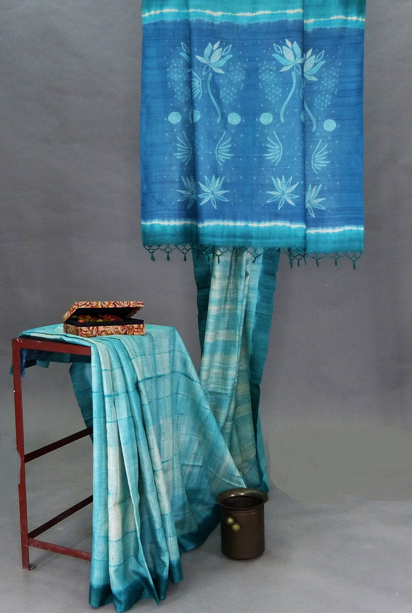 Turquoise - Teal Lotus & Dots Pallu Tassar Shibori Saree - 1