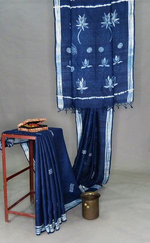 Indigo Hand - Crafted Tassar Shibori Saree - 1