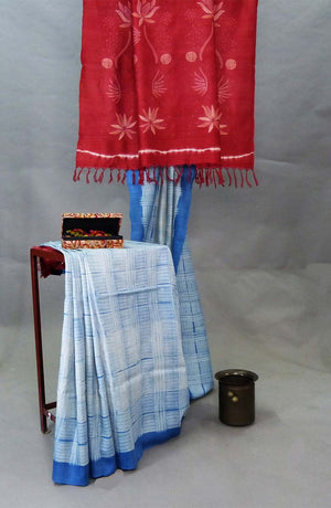 Red Lotus & Dots Pallu Tussar Shibori Sari - 1