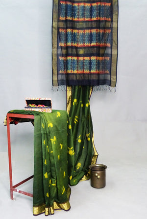 Yellow - Green with Red Highlights Maheshwari Shibori Saree - 1