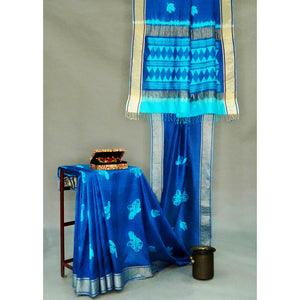 Turq - Teal Silk Shibori Saree with Zari Border - 1