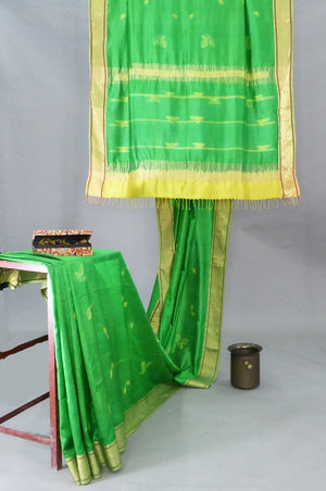 Yellow & Freshest Green Arjuna Seeds Saree in Pure Silk - 1