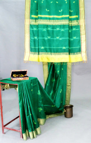Pure Silk Saree in Yellow- Emerald Green with Arjuna Seeds Motif - 1