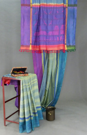 Kanji Saree in Green - Pink - Mauve with a Beautiful Temple Shibori Pallu - 1