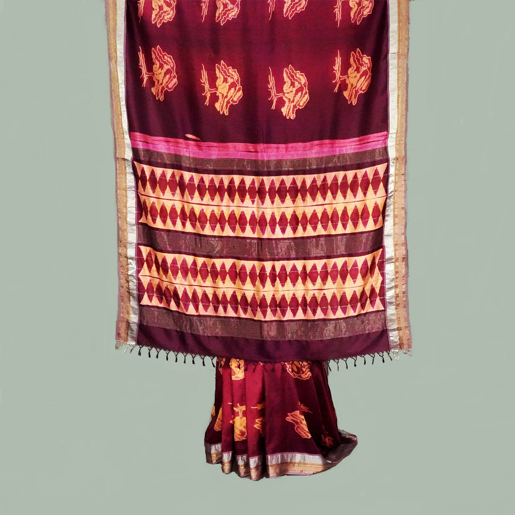 A Burgundy & Cream Pure Silk Saree with Arjuna Tree Design - 1