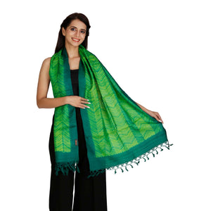 Lime Green Zigzag Shibori Tussar Silk Stole - 1