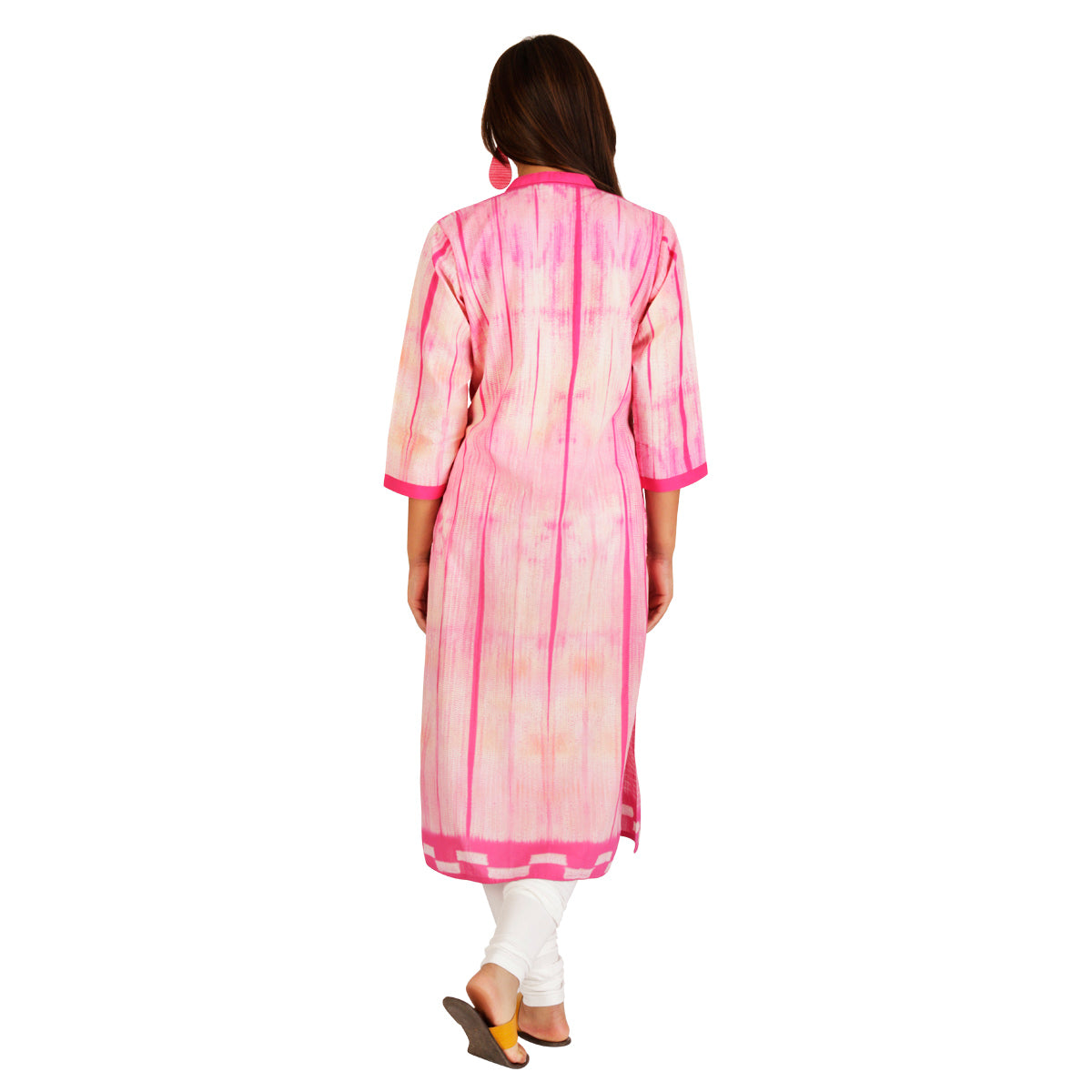 Pink Checks Lines Shibori Cotton Long Kurta - 3